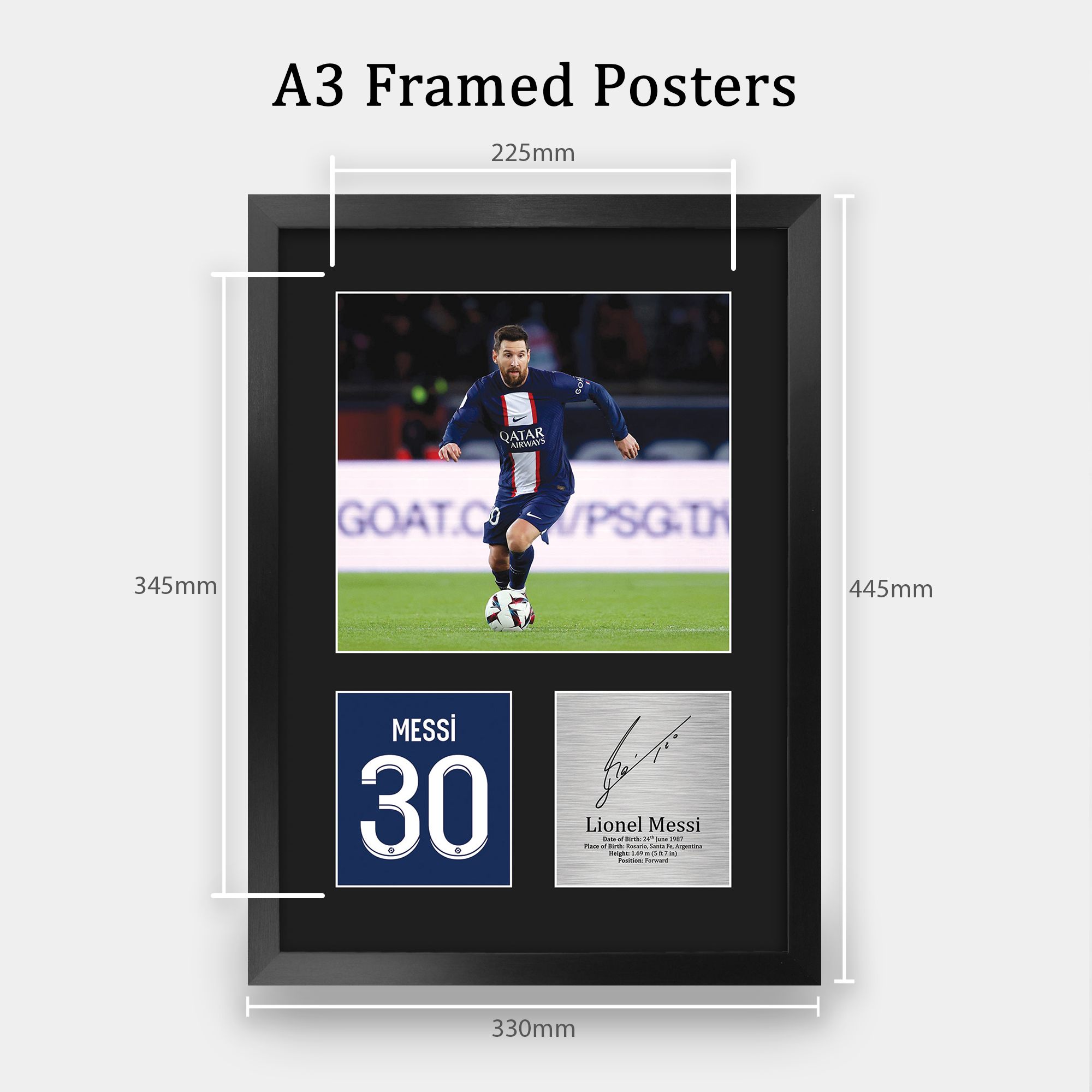 Win FC Espositore Con Foto Autografata Di Lionel Messi Al PSG - Cornice Nera A4 (33x24 Cm), Firma Riprodotta, Regalo Per Fan